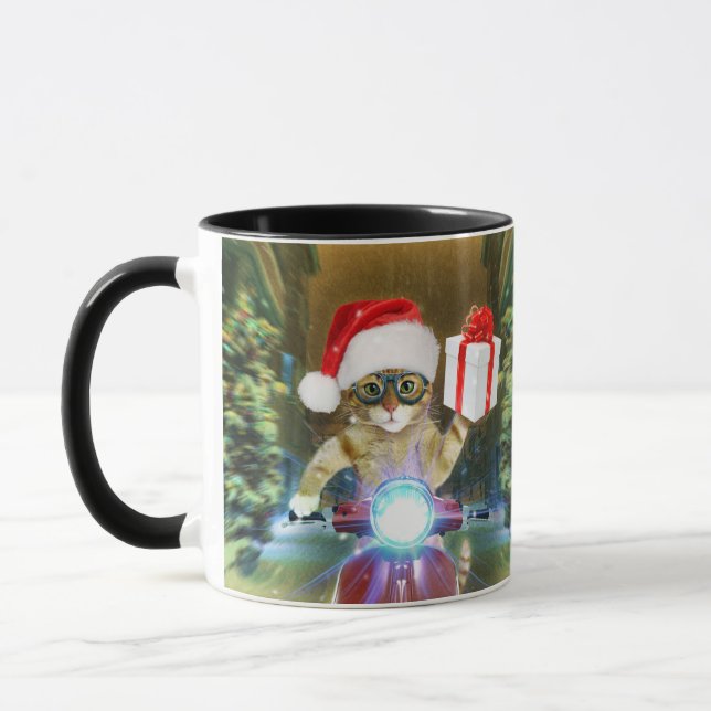 Cat in the Santa Claus hat delivers Christmas gift Mug (Left)