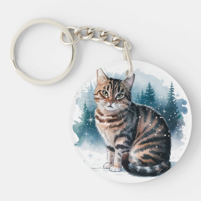 Cat in the Snow 3 Round Acrylic Keychain (Front)