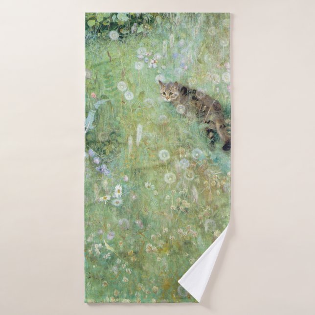 Cat in the Summer Meadow, Bruno Liljefors Bath Towel (Bath Towel)