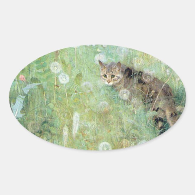 Cat in the Summer Meadow, Bruno Liljefors Oval Sticker (Front)