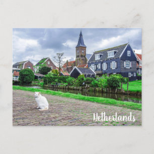 Cat in traditional fishing village postcard