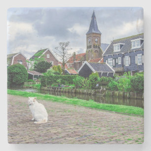 Cat in traditional fishing village stone coaster
