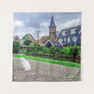 Cat in traditional fishing village tapestry