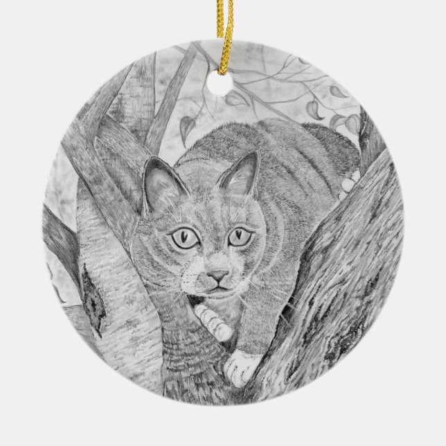 Cat in Tree Ceramic Ornament (Front)