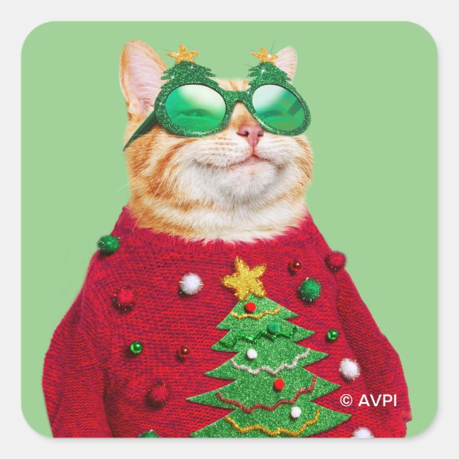 Cat in Ugly Christmas Sweater Square Sticker (Front)