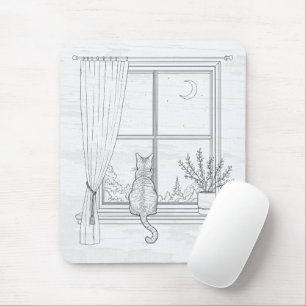 Cat in Window Minimalistic Line Art Mouse Pad