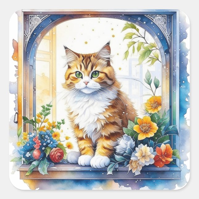 Cat in Window with Flowers Square Sticker (Front)