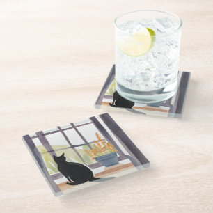 Cat in Windowsill Silhouette Watercolor Glass Coaster