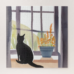 Cat in Windowsill Silhouette Watercolor Jigsaw Puzzle