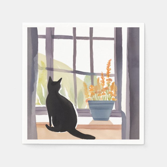 Cat in Windowsill | Silhouette Watercolor  Napkin (Front)