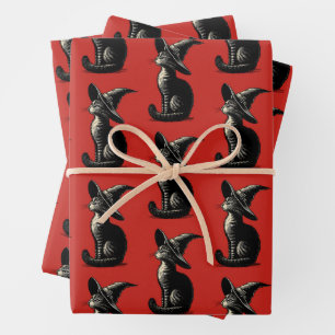 Cat in Witch Hat Vintage Illustration Wrapping Paper Sheet
