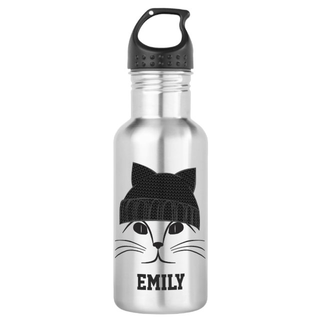 Cat in Wool Hat Personalised 532 Ml Water Bottle (Front)