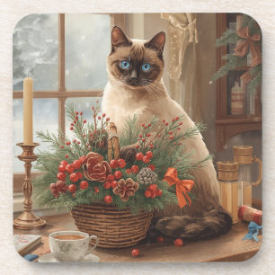 Cat is arranging Christmas Flowers Coaster