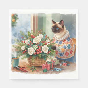 Cat is arranging Christmas Flowers Napkin