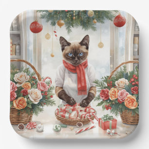Cat is arranging Christmas Flowers Paper Plate