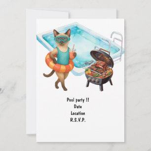 Cat is at the pool for pool party invitation