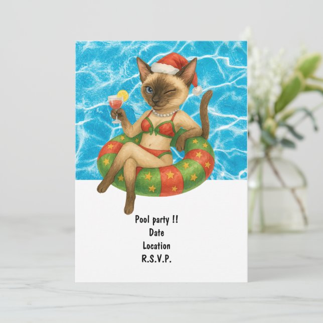 Cat is at the pool for pool party invitation (Standing Front)