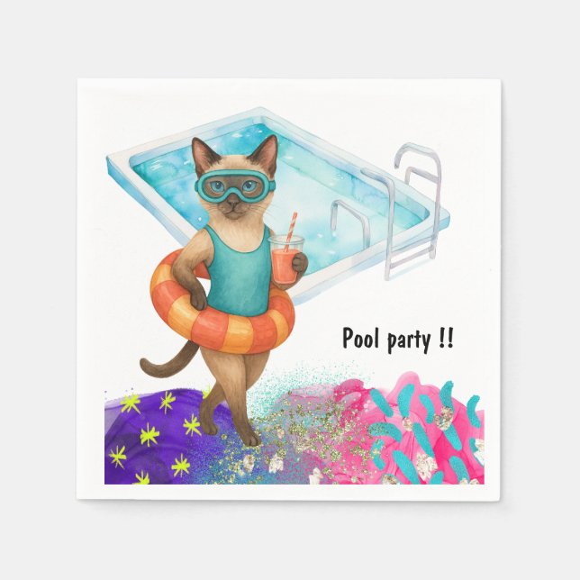 Cat is at the pool for pool party napkin (Front)