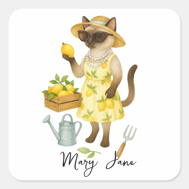 Cat  is gardening yellow lemon  square sticker (Front)