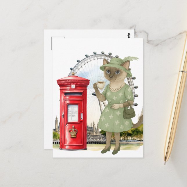 Cat is having a cup of tea in London Postcard (Front/Back In Situ)