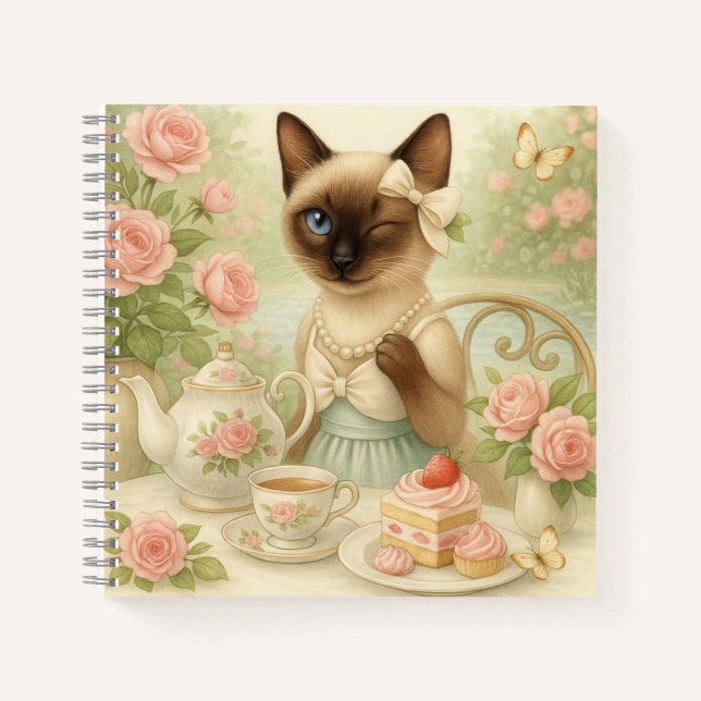 Cat is having afternoon tea in garden notebook (Front)