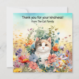Cat is in flower field  thank you card