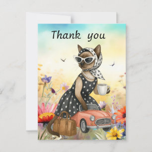 Cat is in flower field  thank you card