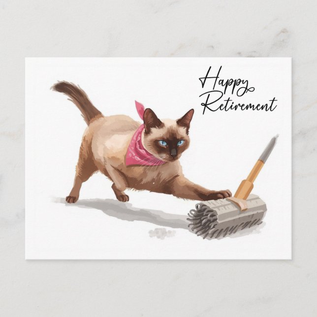 Cat is playing with bloom with Happy Retirement Postcard (Front)