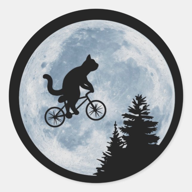 Cat is riding bicycle on the moon background. classic round sticker (Front)