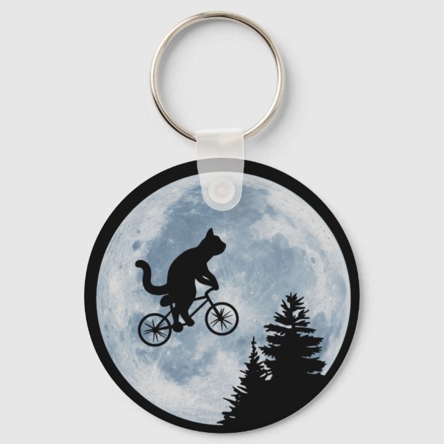 Cat is riding bicycle on the moon background. key ring (Front)
