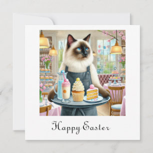 Cat is serving cake and drink in cafe holiday card