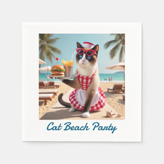 Cat is serving hamburger for beach party napkin (Front)