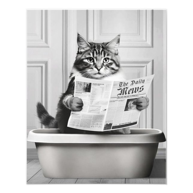 Cat is sitting on the Toilet, cat reading a news Photo Print (Front)