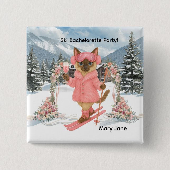 Cat is skiing in Pink outfit Bachelorette Party  15 Cm Square Badge (Front)