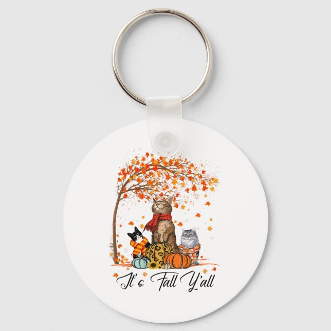 Cat It’s Fall Y’all Pumpkins Autumn Halloween Cat  Key Ring (Front)