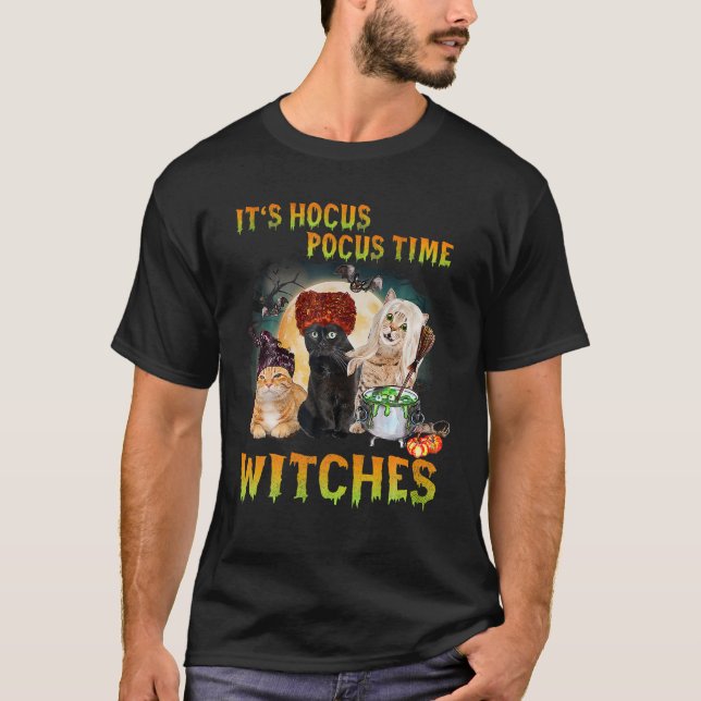 Cat It's Hocus Pocus Time Witches Funny Halloween T-Shirt (Front)