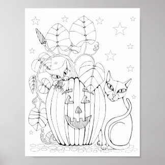 Cat Jack O’Lantern Scene Colouring Page Art Poster