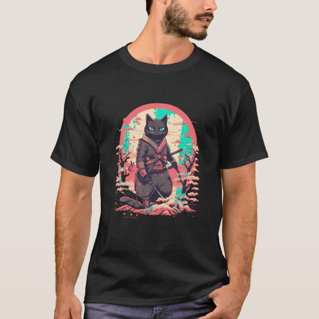 Cat Japanese Art Cat Ninja Ukiyo e Anime Samurai C T-Shirt (Front)