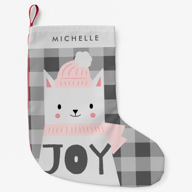 Cat, Joy, Winter, Personalised Small Christmas Stocking (Front)