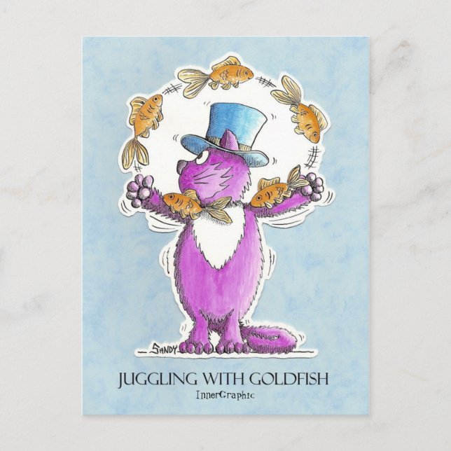 Cat Juggling with Goldfish close trim 22 2 2011... Postcard (Front)