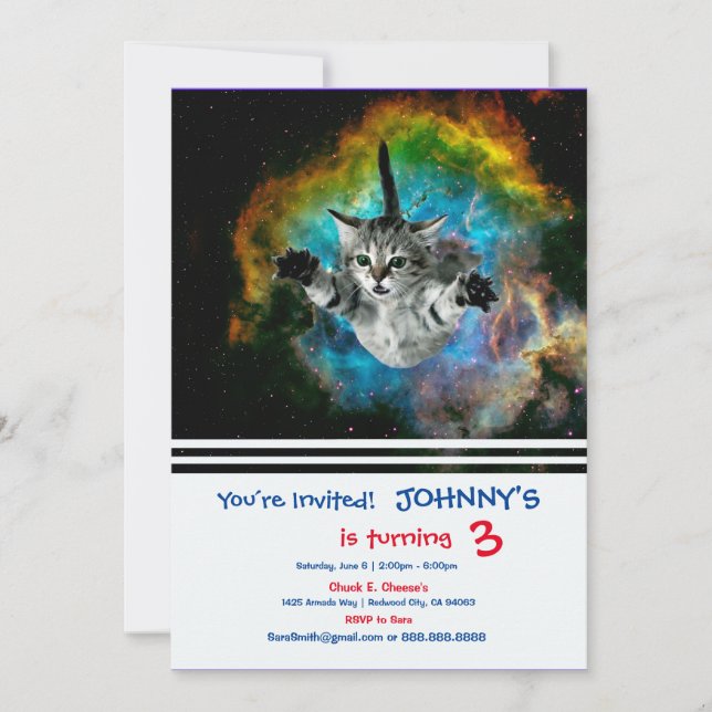 Cat jumping in space invitation (Front)