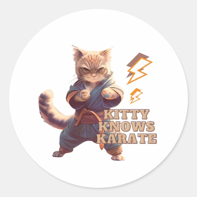 Cat Karate Theme Funny Caption Design  Classic Round Sticker (Front)