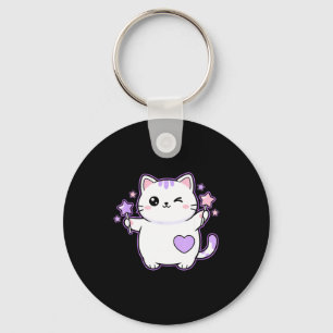 Cat Kawaii Winking Cat Magical Star Wand, Cute Cat Key Ring