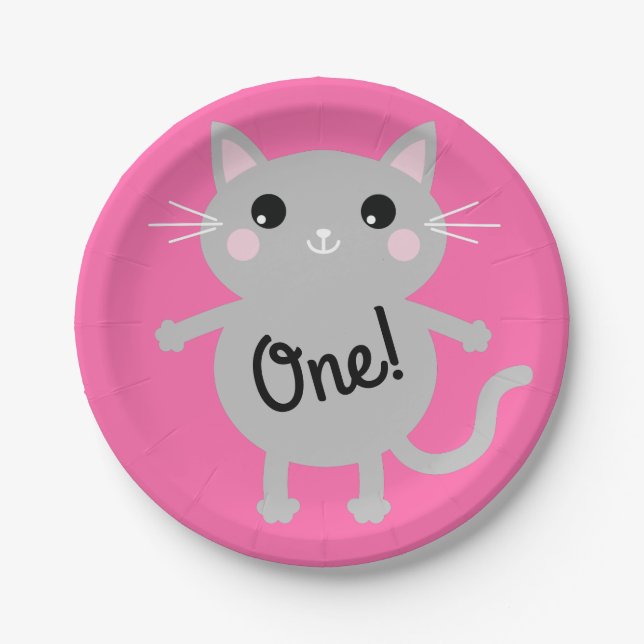 Cat Kid's Birthday Party Pink Cute Paper Plate (Front)