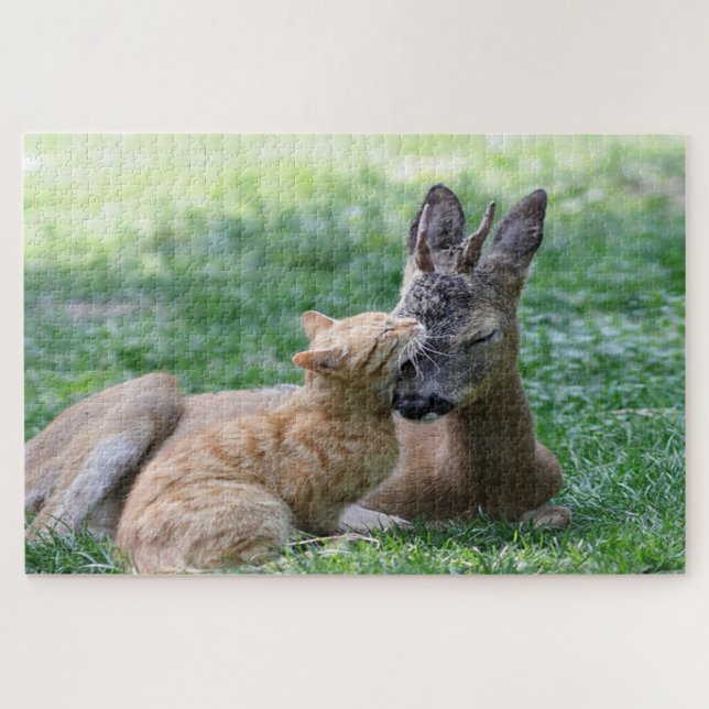 Cat kissing deer on the grass outside jigsaw puzzle (Horizontal)