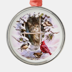 Cat Kitten Birds Snow Family Metal Ornament