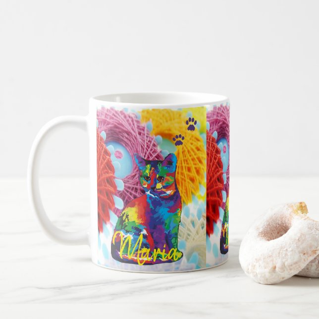 Cat Kitten Colourful Yarn Stripe Mug (With Donut)