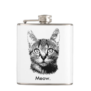 Cat Kitten Cute Meow Hand Drawn Black & White Hip Flask