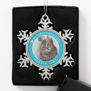 Cat Kitten First Christmas Photo Snowflake Pewter Christmas Ornament