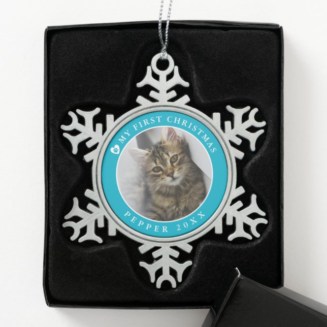 Cat Kitten First Christmas Photo Snowflake Pewter Christmas Ornament (Box)